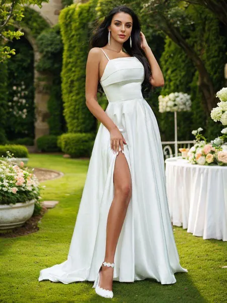 A-Line/Princess Satin Ruffles Spaghetti Straps Sleeveless Sweep Train Wedding Dresses