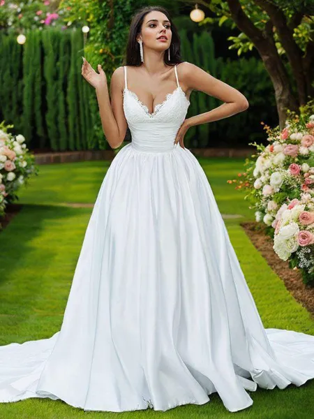 Ball-Gown Lace Ruffles V-neck Sleeveless Sweep Train Wedding Dresses
