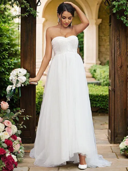 A-Line/Princess Tulle Ruffles Sweetheart Sleeveless Sweep Train Wedding Dresses