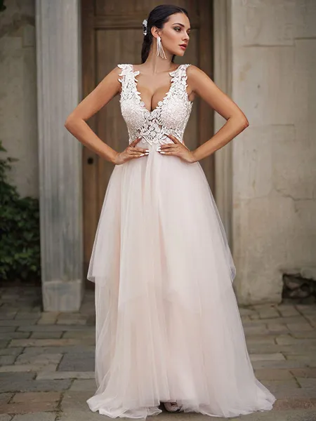 A-Line/Princess Tulle Applique V-neck Sleeveless Sweep Train Wedding Dresses