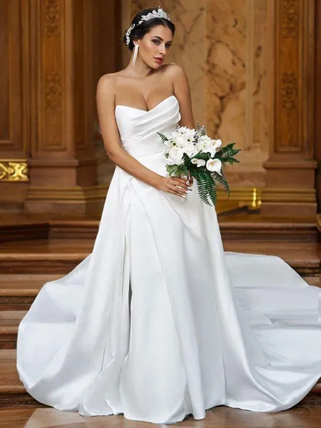 A-Line/Princess Satin Ruffles Sweetheart Sleeveless Sweep Train Wedding Dresses