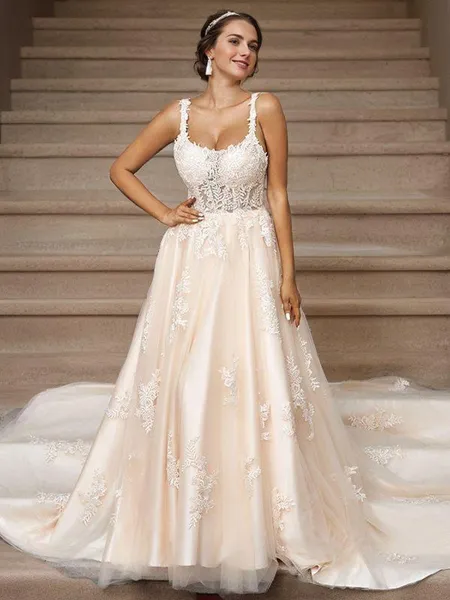 A-Line/Princess Tulle Applique Straps Sleeveless Court Train Wedding Dresses