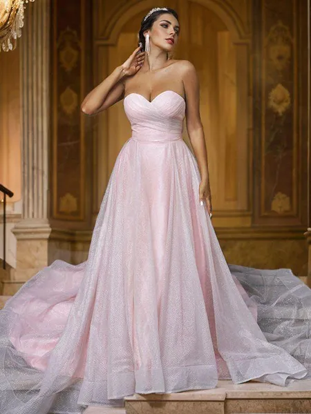 A-Line/Princess Satin Ruffles Sweetheart Sleeveless Sweep Train Wedding Dresses