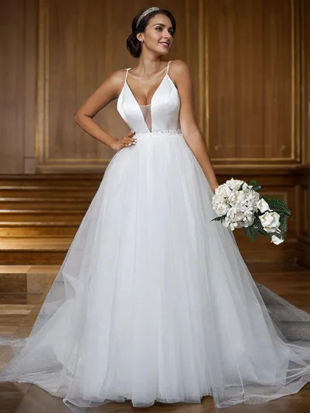 A-Line/Princess Tulle Ruffles V-neck Sleeveless Sweep Train Wedding Dresses