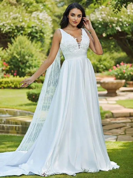A-Line/Princess Satin Applique V-neck Sleeveless Sweep Train Wedding Dresses