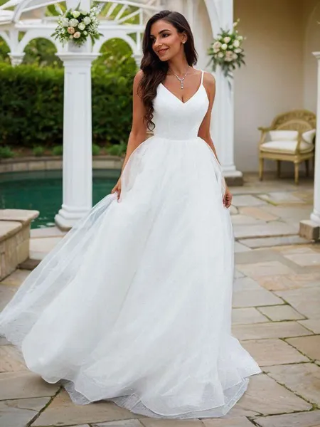 A-Line/Princess Ruffles V-neck Sleeveless Sweep Train Wedding Dresses