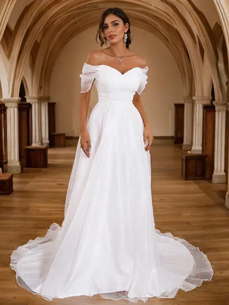 A-Line/Princess Tulle Ruched Off-the-Shoulder Sleeveless Sweep Train Wedding Dresses