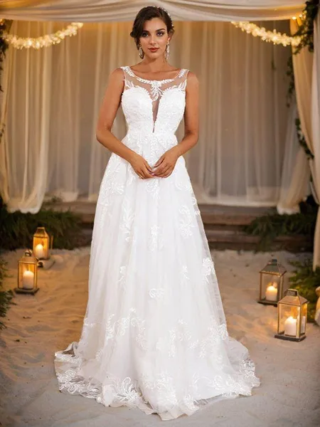 A-Line/Princess Lace Applique Scoop Sleeveless Sweep Train Wedding Dresses