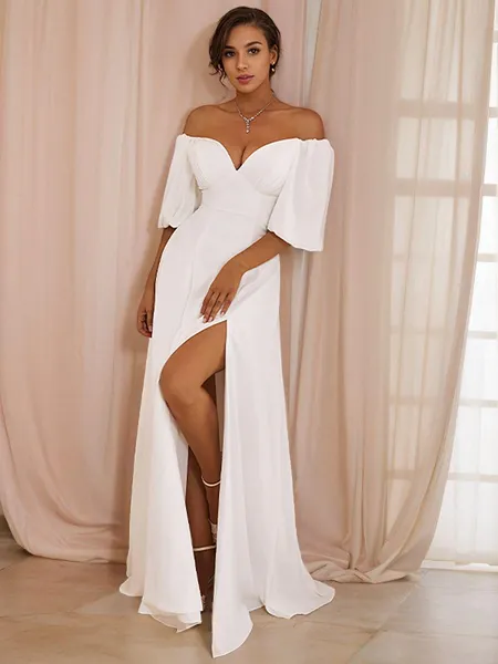 A-Line/Princess Chiffon Ruched Off-the-Shoulder 1/2 Sleeves Floor-Length Wedding Dresses