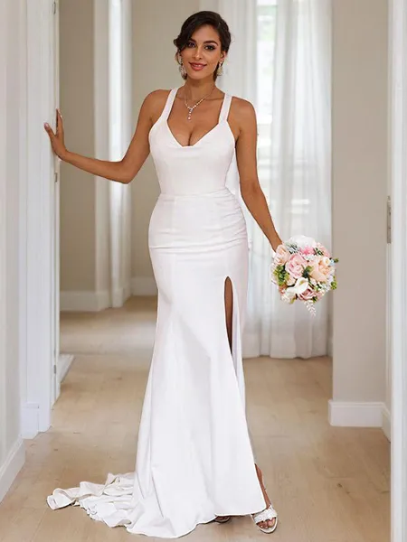 Sheath/Column Stretch Crepe Bowknot V-neck Sleeveless Sweep Train Wedding Dresses