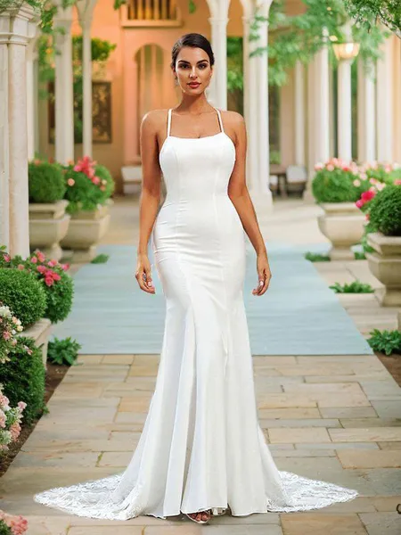 Sheath/Column Stretch Crepe Lace Spaghetti Straps Sleeveless Sweep Train Wedding Dresses
