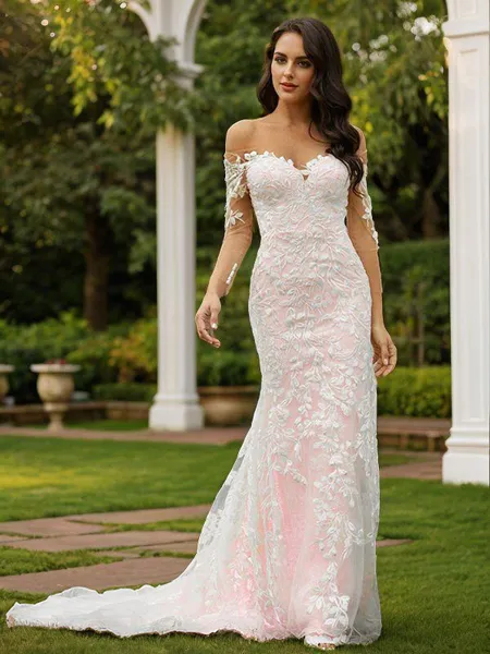 Sheath/Column Lace Off-the-Shoulder Long Sleeves Court Train Wedding Dresses