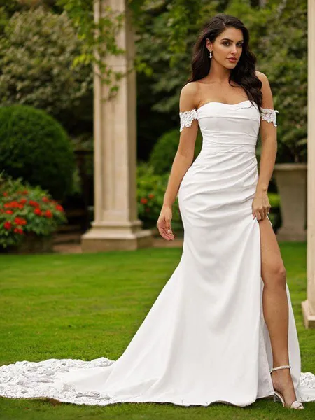 Sheath/Column Stretch Crepe Lace Off-the-Shoulder Sleeveless Court Train Wedding Dresses