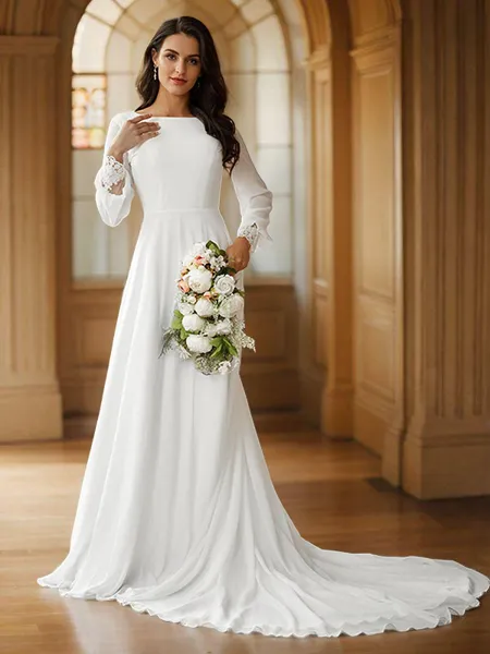 A-Line/Princess Chiffon Lace Scoop Long Sleeves Court Train Wedding Dresses