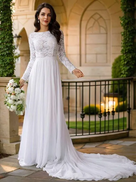 A-Line/Princess Chiffon Lace Scoop Long Sleeves Court Train Wedding Dresses