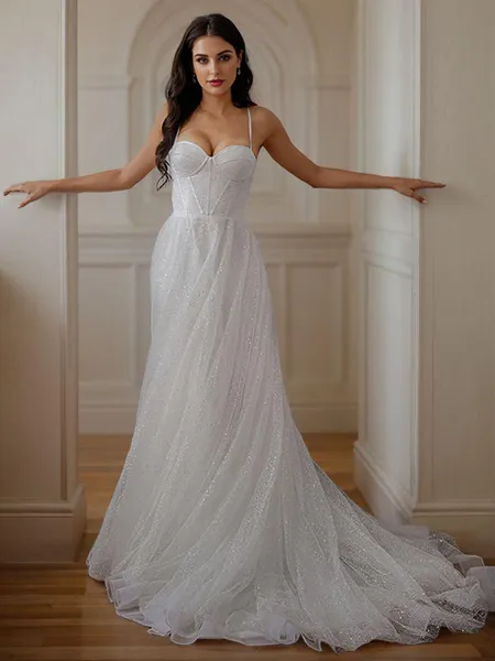 A-Line/Princess Ruffles Spaghetti Straps Sleeveless Court Train Wedding Dresses