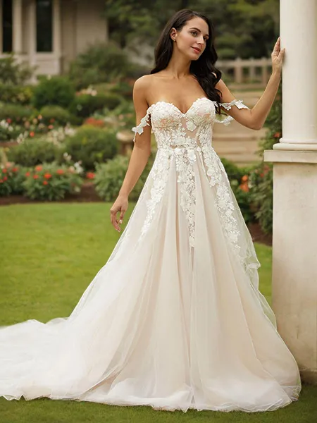 A-Line/Princess Tulle Applique Off-the-Shoulder Sleeveless Chapel Train Wedding Dresses