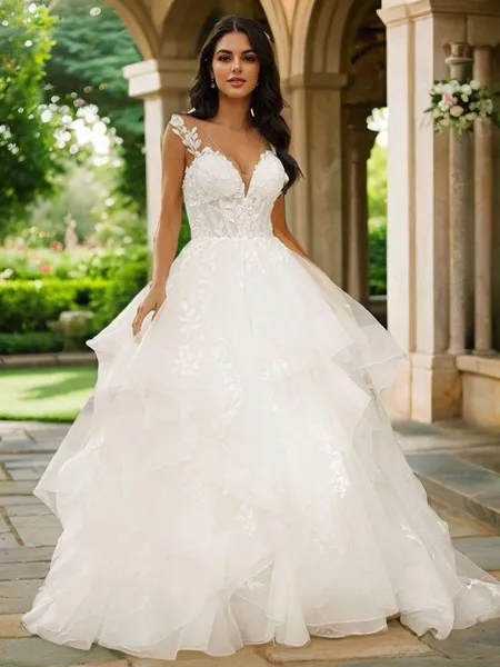 Ball-Gown Tulle Applique V-neck Sleeveless Court Train Wedding Dresses