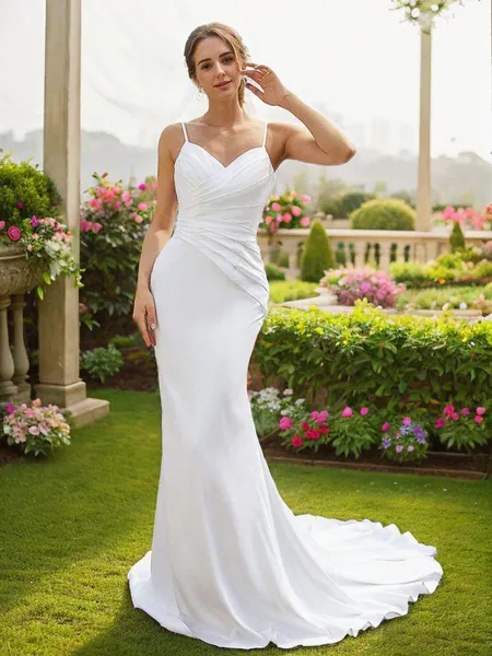 Sheath/Column Charmeuse Ruched V-neck Sleeveless Court Train Wedding Dresses