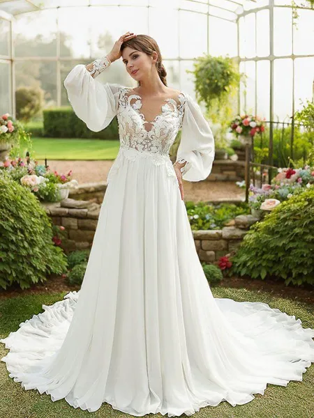 A-Line/Princess Chiffon Applique Scoop Long Sleeves Chapel Train Wedding Dresses