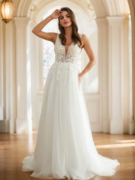 A-Line/Princess Tulle Applique V-neck Sleeveless Sweep Train Wedding Dresses