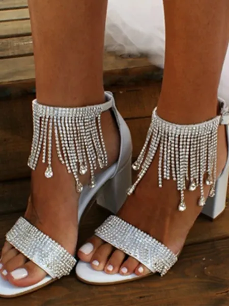 Women's Satin With Rhinestone Peep Toe Chunky Heel Wedding Shoes