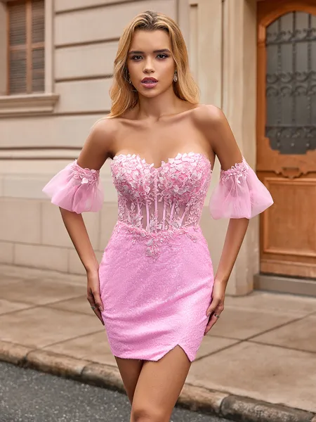 Sheath Sweetheart Short Sleeves Appliques Lace Short/Mini Sequins Corset Homecoming Dress