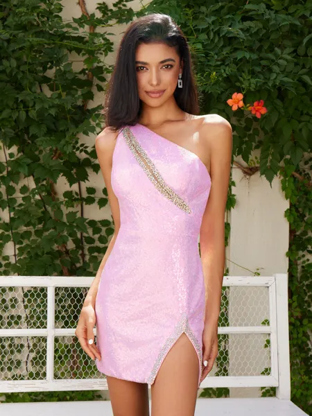 Sheath One-Shoulder Rhinestone Short/Mini Corset Homecoming Dress