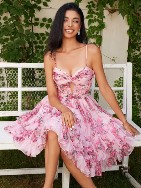 A-line Spaghetti Straps Cascading Ruffles Short/Mini Corset Homecoming Dress