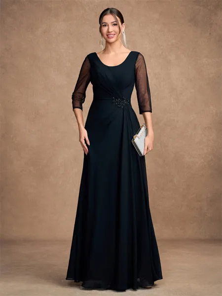 A-Line/Princess Chiffon Ruched Scoop 3/4 Sleeves Floor-Length Mother of the Bride Dresses