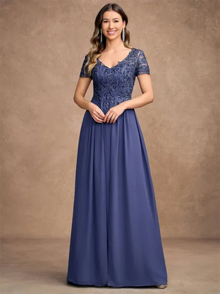 A-Line/Princess Chiffon Applique V-neck Short Sleeves Floor-Length Mother of the Bride Dresses