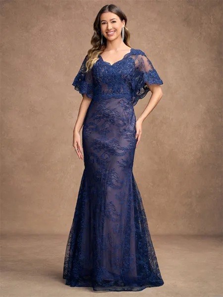 Sheath/Column Silk like Satin Lace V-neck Short Sleeves Floor-Length Mother of the Bride Dresses