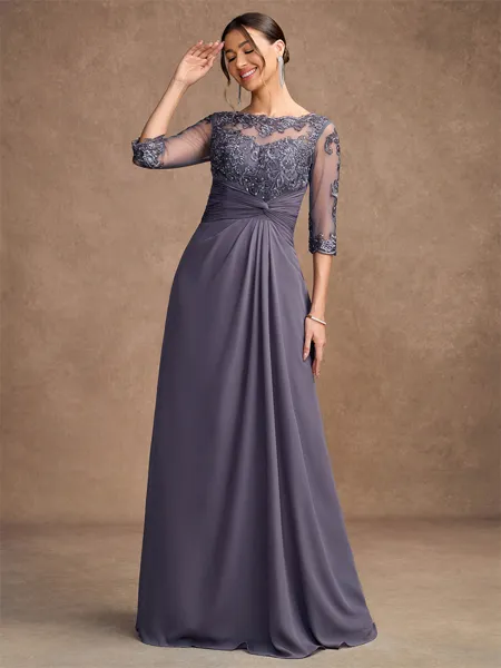 A-Line/Princess Chiffon Applique Scoop 3/4 Sleeves Floor-Length Mother of the Bride Dresses