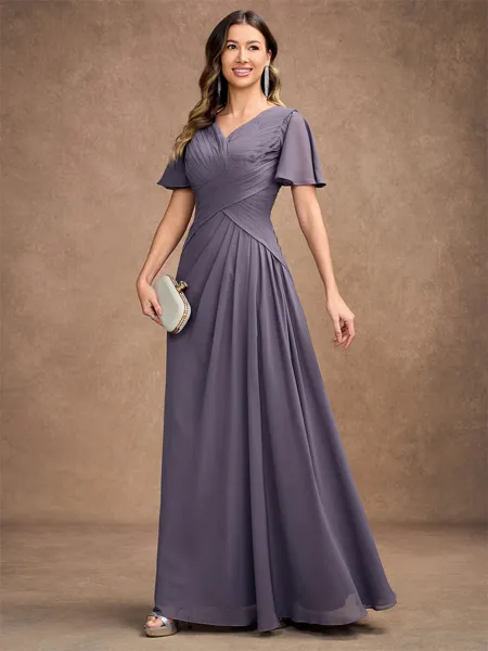 A-Line/Princess Chiffon Ruched V-neck Short Sleeves Floor-Length Mother of the Bride Dresses