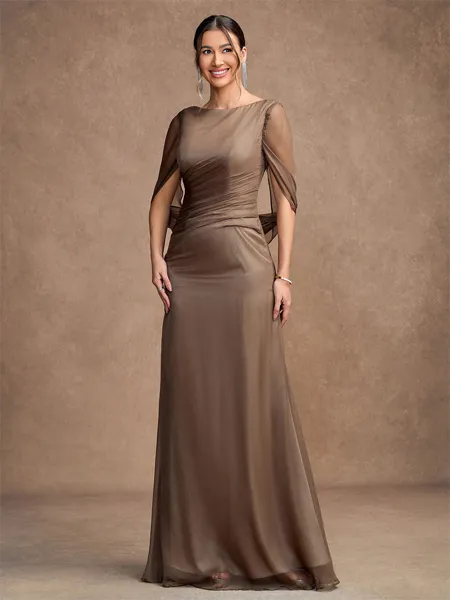 Sheath/Column 30D Chiffon Ruched Scoop Short Sleeves Floor-Length Mother of the Bride Dresses