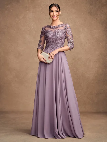 A-Line/Princess Chiffon Lace Scoop 3/4 Sleeves Floor-Length Mother of the Bride Dresses