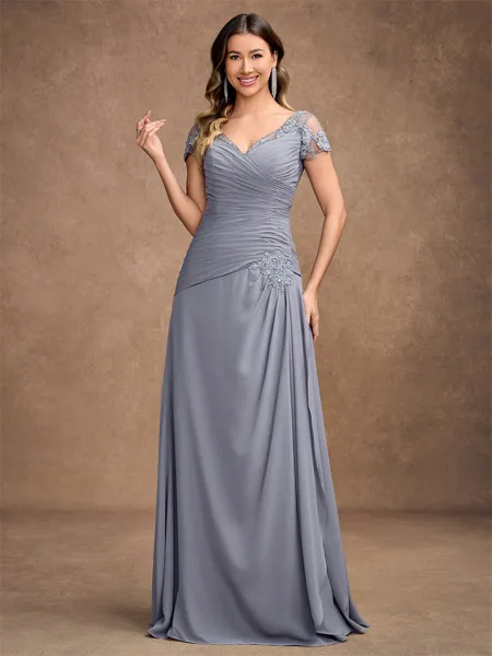 A-Line/Princess Chiffon Applique Sweetheart Short Sleeves Floor-Length Mother of the Bride Dresses