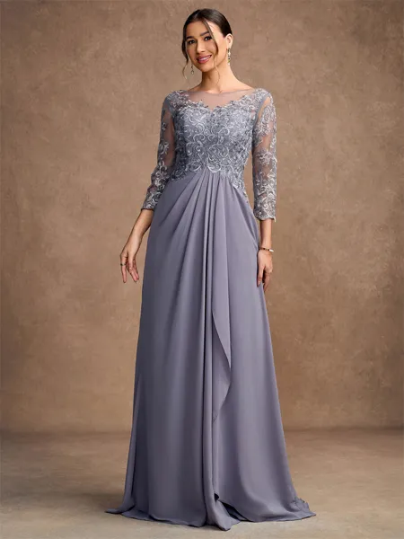 A-Line/Princess Chiffon Lace Scoop 3/4 Sleeves Floor-Length Mother of the Bride Dresses