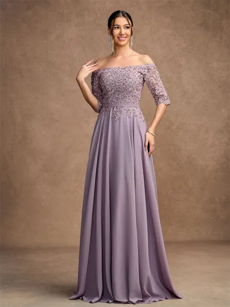 A-Line/Princess Chiffon Applique Off-the-Shoulder 3/4 Sleeves Floor-Length Mother of the Bride Dresses