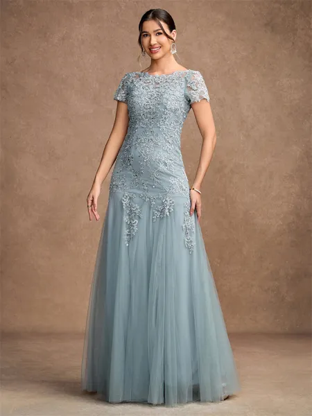 A-Line/Princess Tulle Lace Scoop Short Sleeves Floor-Length Mother of the Bride Dresses