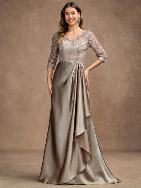 A-Line/Princess Satin Lace V-neck 3/4 Sleeves Sweep/Brush Train Mother of the Bride Dresses