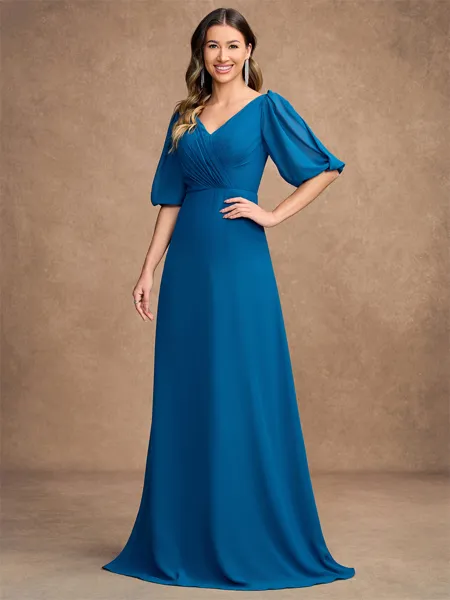 A-Line/Princess Chiffon Ruched V-neck 1/2 Sleeves Floor-Length Mother of the Bride Dresses