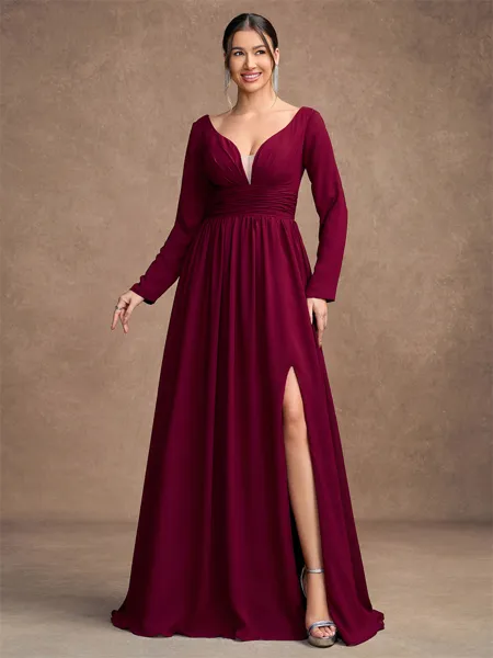 A-Line/Princess Chiffon Ruched V-neck Long Sleeves Floor-Length Mother of the Bride Dresses