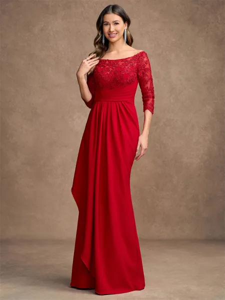 A-Line/Princess Stretch Crepe Lace Off-the-Shoulder 3/4 Sleeves Floor-Length Mother of the Bride Dresses