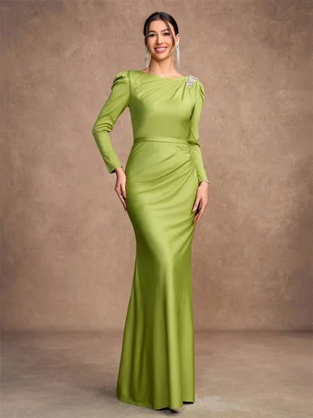 Sheath/Column Jersey Ruched Scoop Long Sleeves Floor-Length Mother of the Bride Dresses