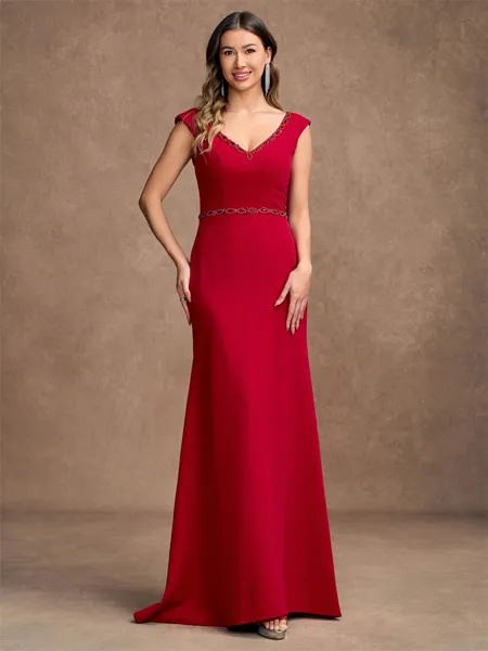 Sheath/Column Stretch Crepe Beading V-neck Sleeveless Floor-Length Mother of the Bride Dresses
