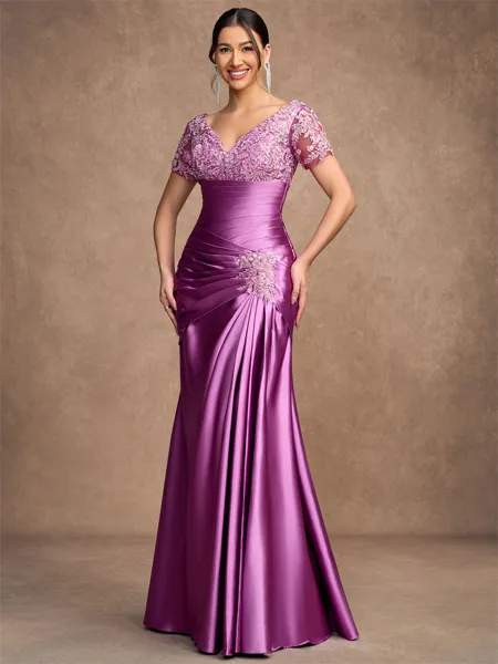 Sheath/Column Silk Like Satin Applique V-neck Short Sleeves Floor-Length Mother of the Bride Dresses