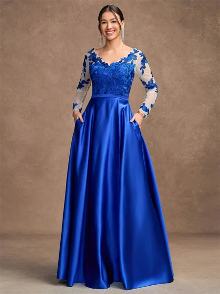A-Line/Princess Satin Applique V-neck Long Sleeves Floor-Length Mother of the Bride Dresses