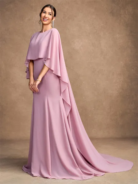 Sheath/Column Chiffon Ruffles Scoop Long Sleeves Sweep/Brush Train Mother of the Bride Dresses