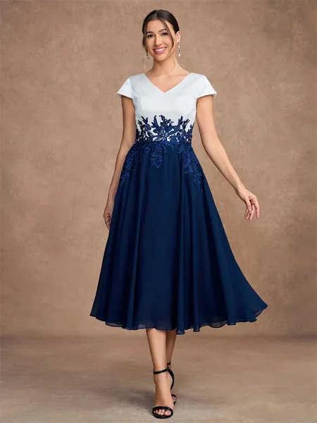 A-Line/Princess Chiffon Applique V-neck Short Sleeves Tea-Length Mother of the Bride Dresses